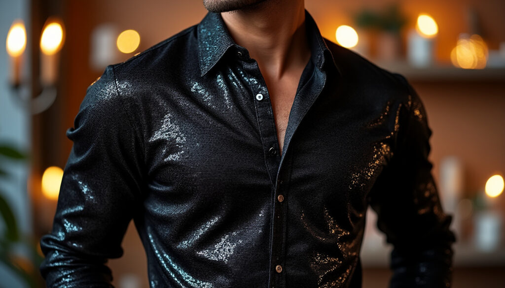 découvrez notre chemise pailletée pour homme, parfaite pour les soirées et fêtes chics. alliez élégance et style festif avec ce vêtement scintillant, idéal pour briller en toute occasion.