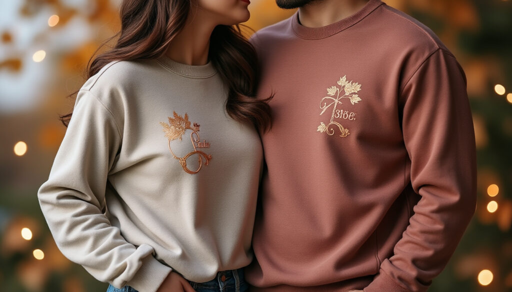 découvrez notre pull personnalisé pour couple avec sweat brodé, date et initiales uniques pour un cadeau romantique et original.